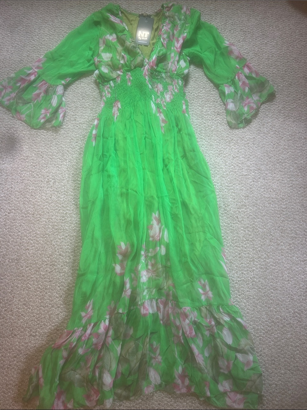 Green Floral Maxi Dress with Smocked Bodice